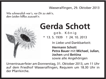 Traueranzeige von Gerda Schott von Schwäbische Post