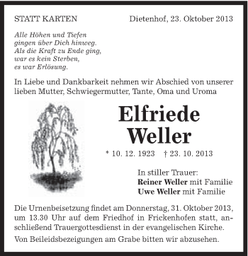 Traueranzeige von Elfriede Weller von Gmünder Tagespost