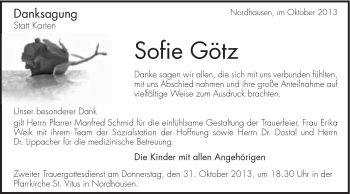 Traueranzeige von Sofie Götz von Schwäbische Post