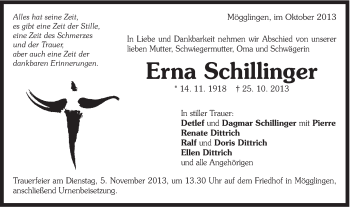 Traueranzeige von Erna Schillinger von Gmünder Tagespost
