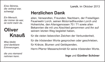 Traueranzeige von Oliver Knauß von Gmünder Tagespost