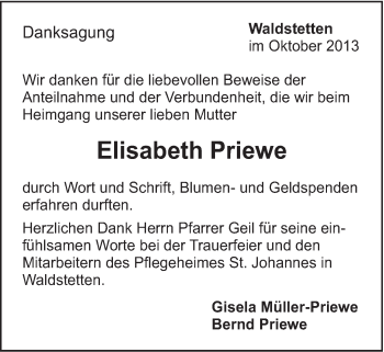 Traueranzeige von Elisabeth Priewe von Gmünder Tagespost