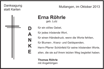 Traueranzeige von Erna Röhrle von Gmünder Tagespost