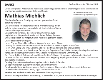 Traueranzeige von Mathias Miehlich von Schwäbische Post