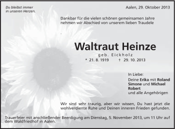 Traueranzeige von Waltraut Heinze von Schwäbische Post