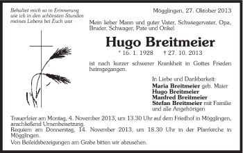 Traueranzeige von Hugo Breitmeier von Gmünder Tagespost