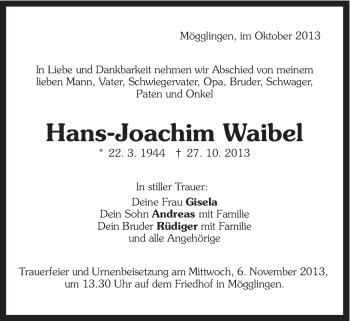Traueranzeige von Hans-Joachim Waibel von Gmünder Tagespost