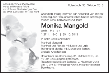 Traueranzeige von Monika Mangold von Schwäbische Post