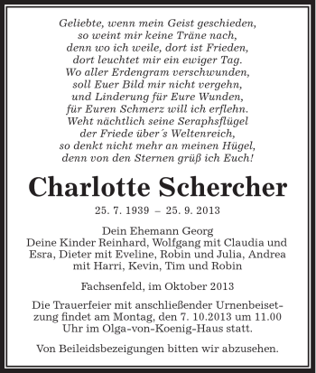 Traueranzeige von Charlotte Schercher von Schwäbische Post