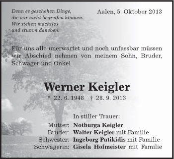 Traueranzeige von Werner Keigler von Schwäbische Post
