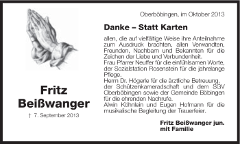 Traueranzeige von Fritz Beißwanger von Gmünder Tagespost