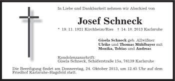 Traueranzeige von Josef Schneck von Schwäbische Post