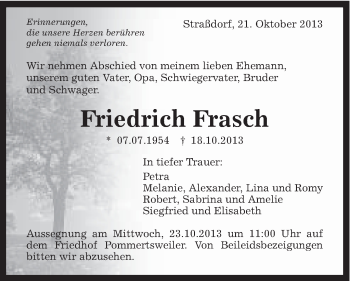 Traueranzeige von Friedrich Frasch von Schwäbische Post