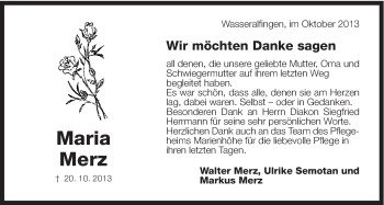 Traueranzeige von Maria Merz von Schwäbische Post