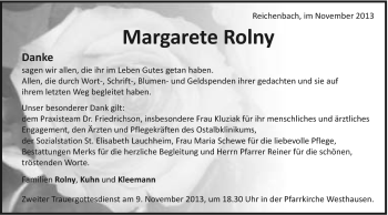 Traueranzeige von Margarete Rolny von Schwäbische Post
