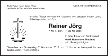 Traueranzeige von Reiner Jörg von Schwäbische Post