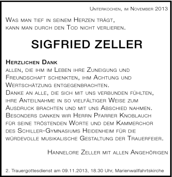 Traueranzeige von Sigfried Zeller von Schwäbische Post