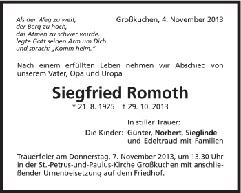 Traueranzeige von Siegfried Romoth von Schwäbische Post