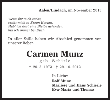Traueranzeige von Carmen Munz von Gmünder Tagespost