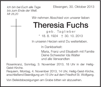 Traueranzeige von Theresia Fuchs von Schwäbische Post