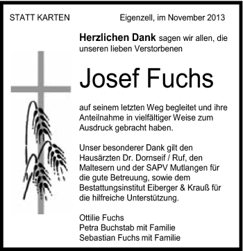 Traueranzeige von Josef Fuchs von Schwäbische Post
