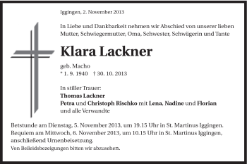Traueranzeige von Klara Lackner von Gmünder Tagespost