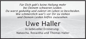Traueranzeige von Uwe Haller von Schwäbische Post