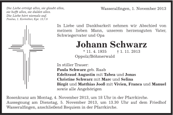 Traueranzeige von Johann Schwarz von Schwäbische Post
