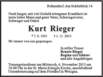 Traueranzeige von Kurt Rieger von Gmünder Tagespost