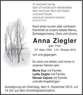 Traueranzeige von Anna Ziegler von Gmünder Tagespost
