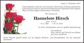 Traueranzeige von Hannelore Hirsch von Schwäbische Post