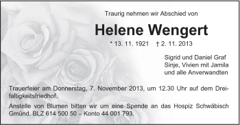 Traueranzeige von Helene Wengert von Gmünder Tagespost