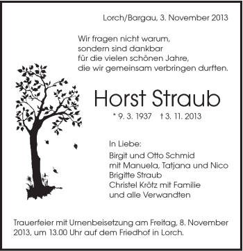 Traueranzeige von Horst Straub von Gmünder Tagespost