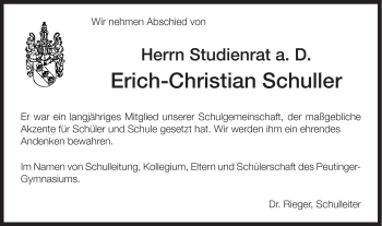 Traueranzeige von Erich-Christian Schuller von Schwäbische Post