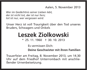 Traueranzeige von Leszek Ziolkowski von Schwäbische Post