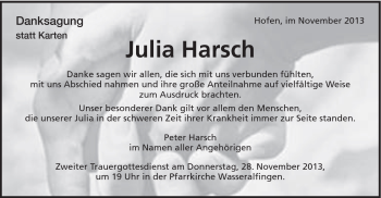 Traueranzeige von Julia Harsch von Schwäbische Post