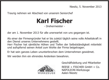 Traueranzeige von Karl Fischer von Schwäbische Post
