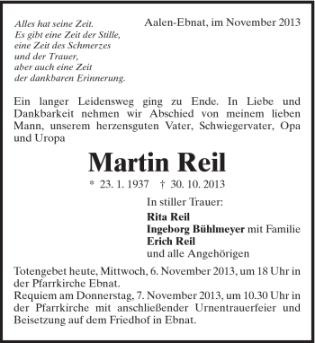 Traueranzeige von Martin Reil von Schwäbische Post