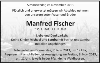 Traueranzeige von Manfred Fischer von Schwäbische Post