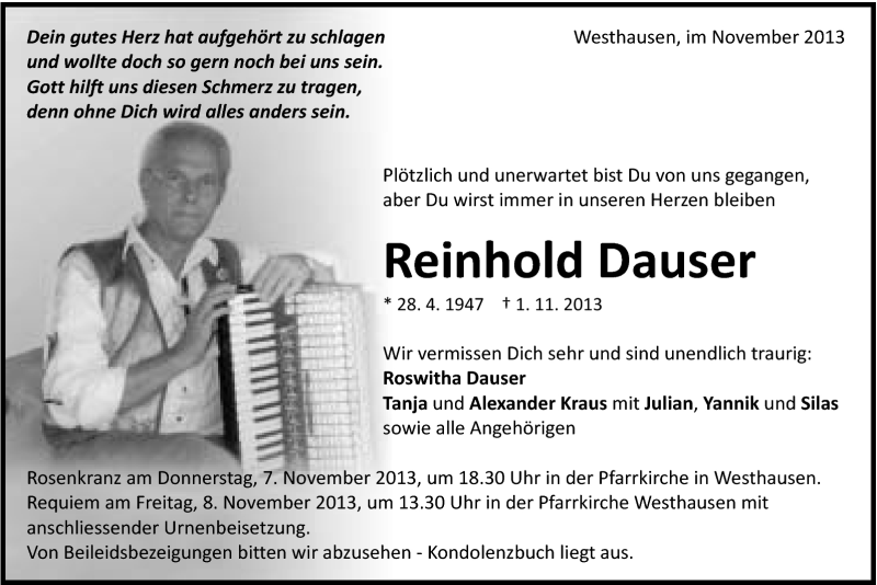  Traueranzeige für Reinhold Dauser vom 06.11.2013 aus Schwäbische Post