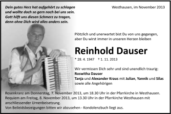 Traueranzeige von Reinhold Dauser von Schwäbische Post