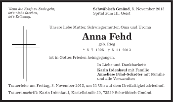 Traueranzeige von Anna Fehd von Gmünder Tagespost