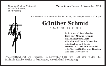 Traueranzeige von Günther Schmid von Gmünder Tagespost
