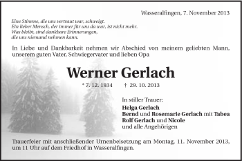Traueranzeige von Werner Gerlach von Schwäbische Post