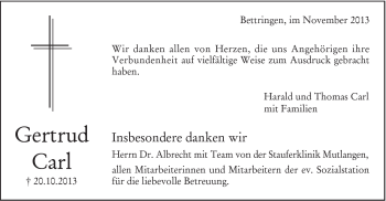 Traueranzeige von Gertrud Carl von Gmünder Tagespost
