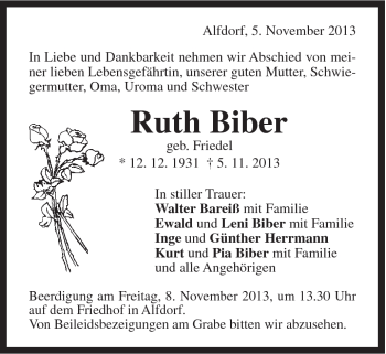 Traueranzeige von Ruth Biber von Gmünder Tagespost
