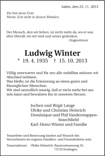 Traueranzeige von Ludwig Winter von Schwäbische Post