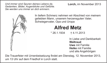 Traueranzeige von Alfred Metz von Gmünder Tagespost