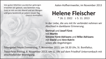 Traueranzeige von Helene Fleischer von Schwäbische Post