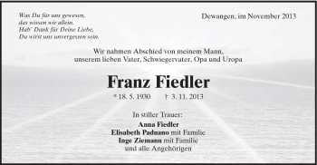 Traueranzeige von Franz Fiedler von Schwäbische Post